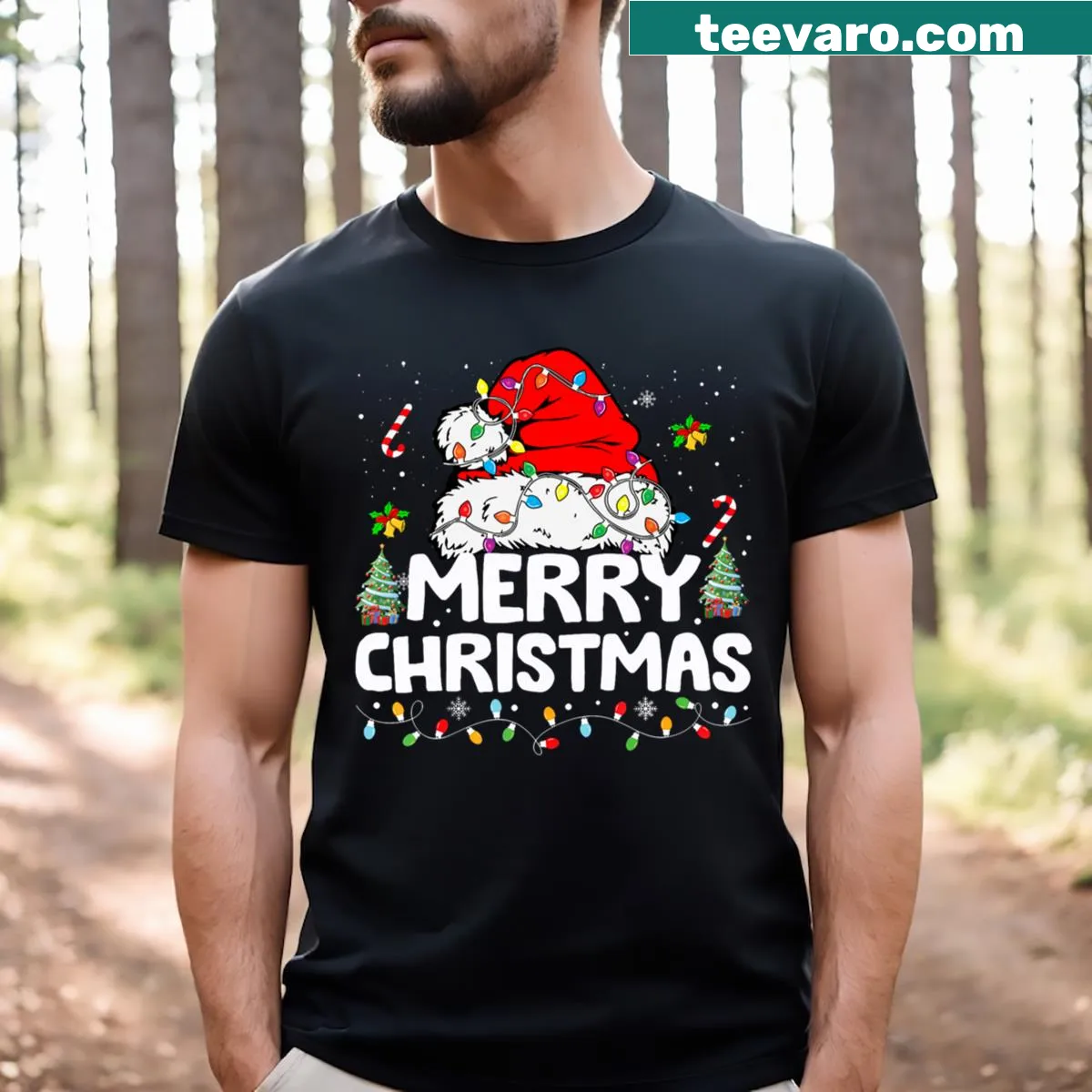 Festive Christmas Lights T-shirt with Santa hat illustration — on a men's t-shirt