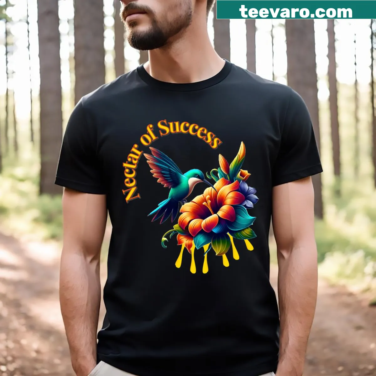Inspirational typography t-shirt with the phrase Bloom With Vibrance — on a men's t-shirt