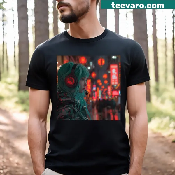 Silhouette T-shirt depicting a neon-lit city skyline in the rain