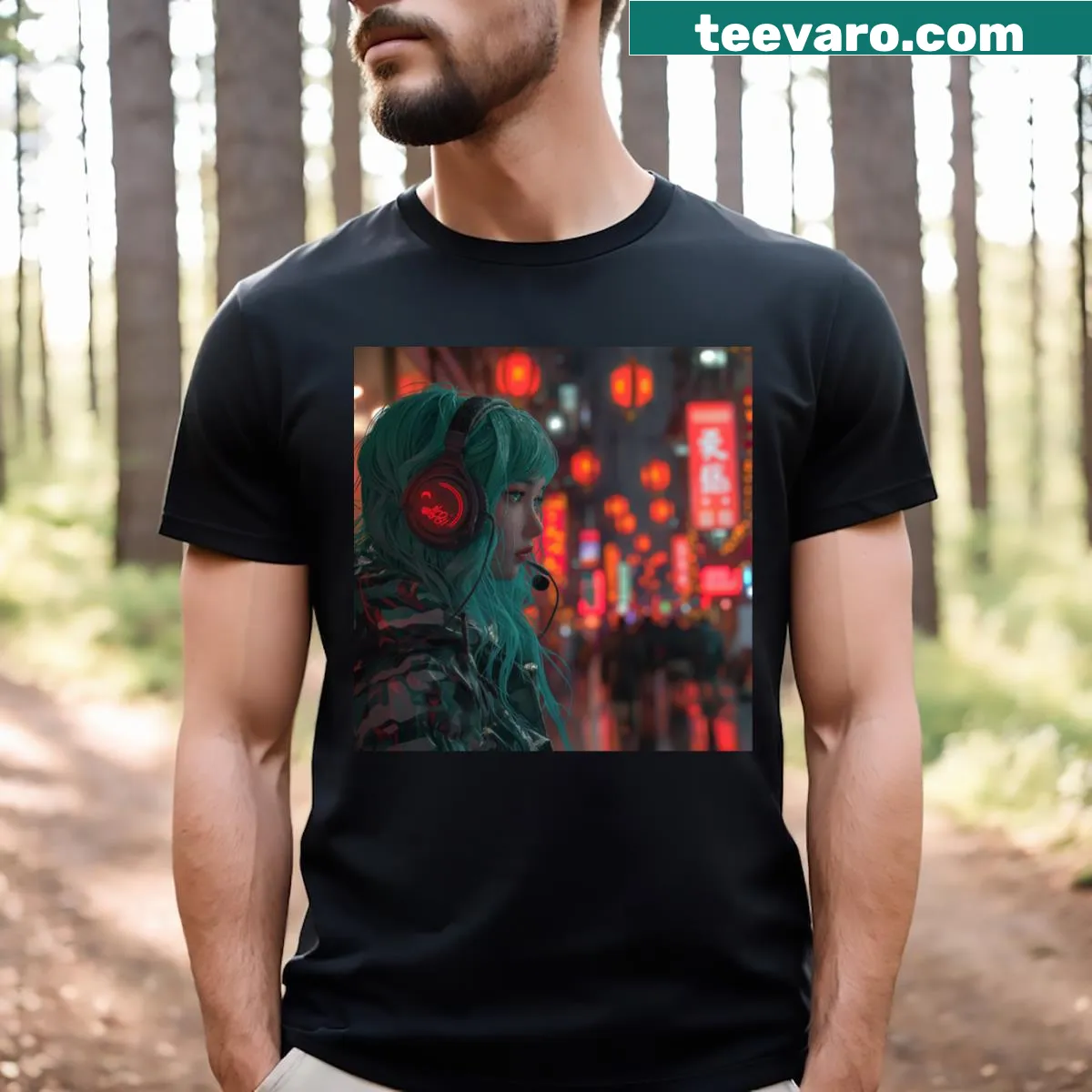 Silhouette T-shirt depicting a neon-lit city skyline in the rain — on a men's t-shirt