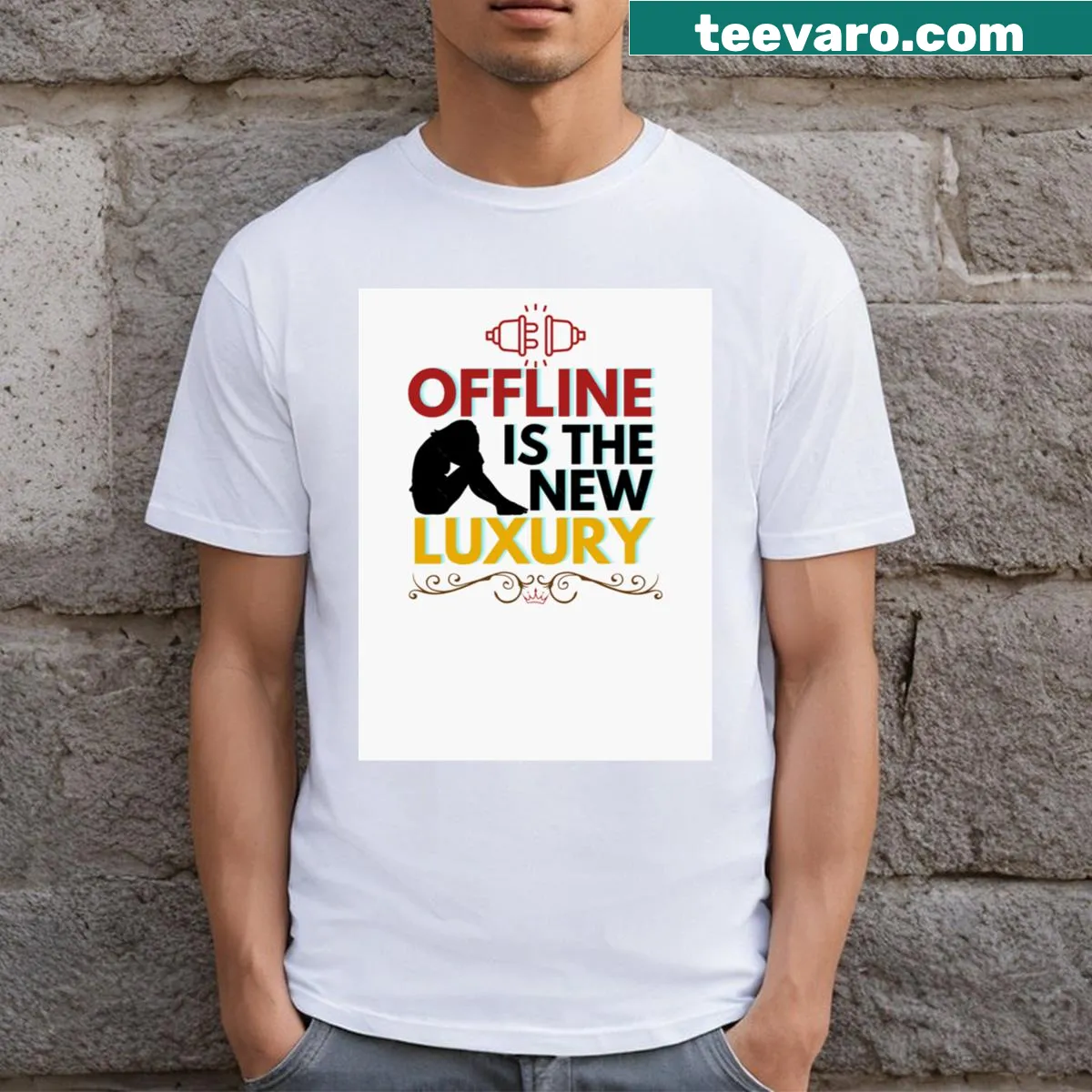 T-shirt with the phrase 'Offline Is The New Luxury' — on a men's t-shirt