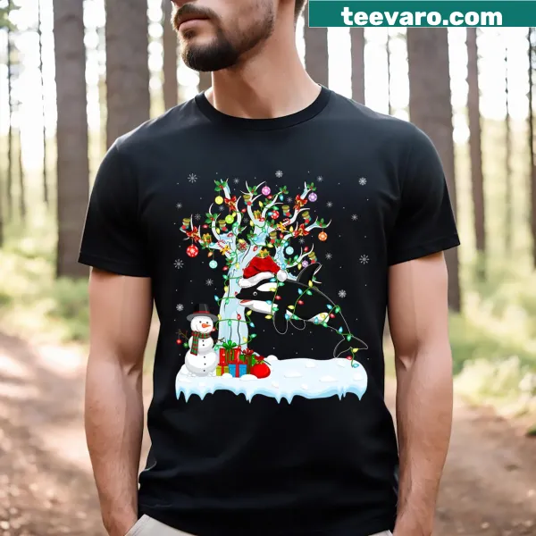 Whimsical orca Christmas T-shirt with Santa hat and lights