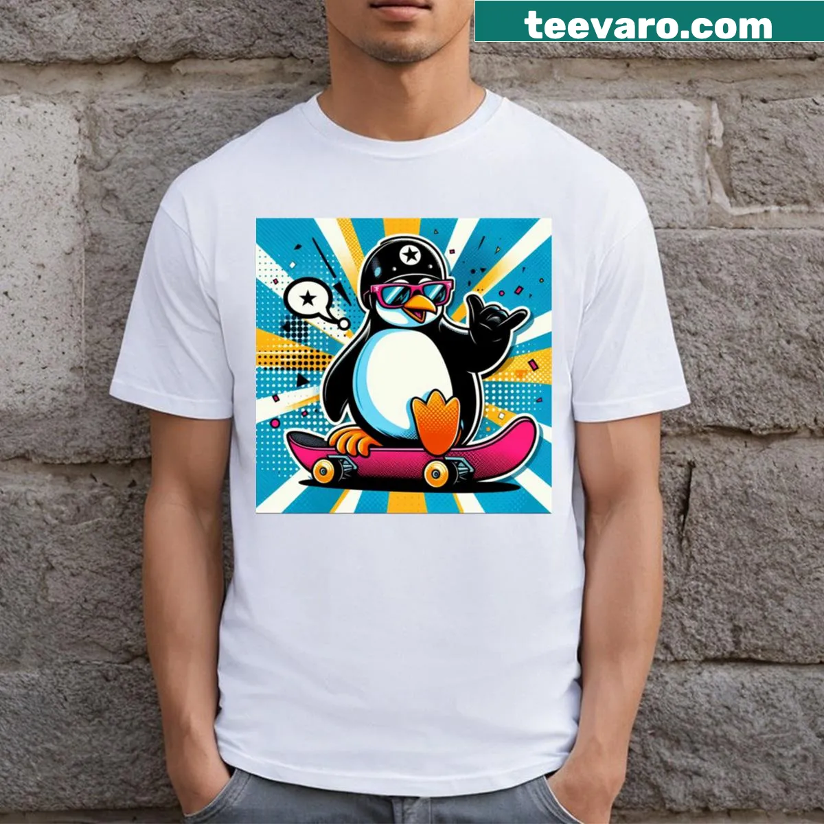 Playful penguin on skateboard graphic T-shirt — on a men's t-shirt