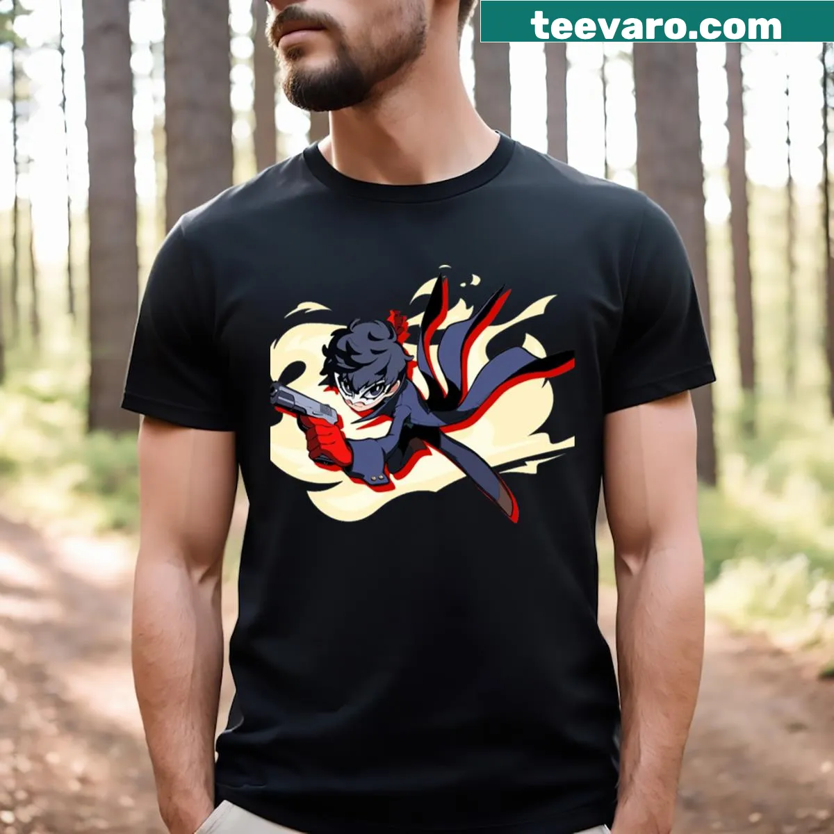 Persona 5 Joker T-shirt with bold typography — on a men's t-shirt