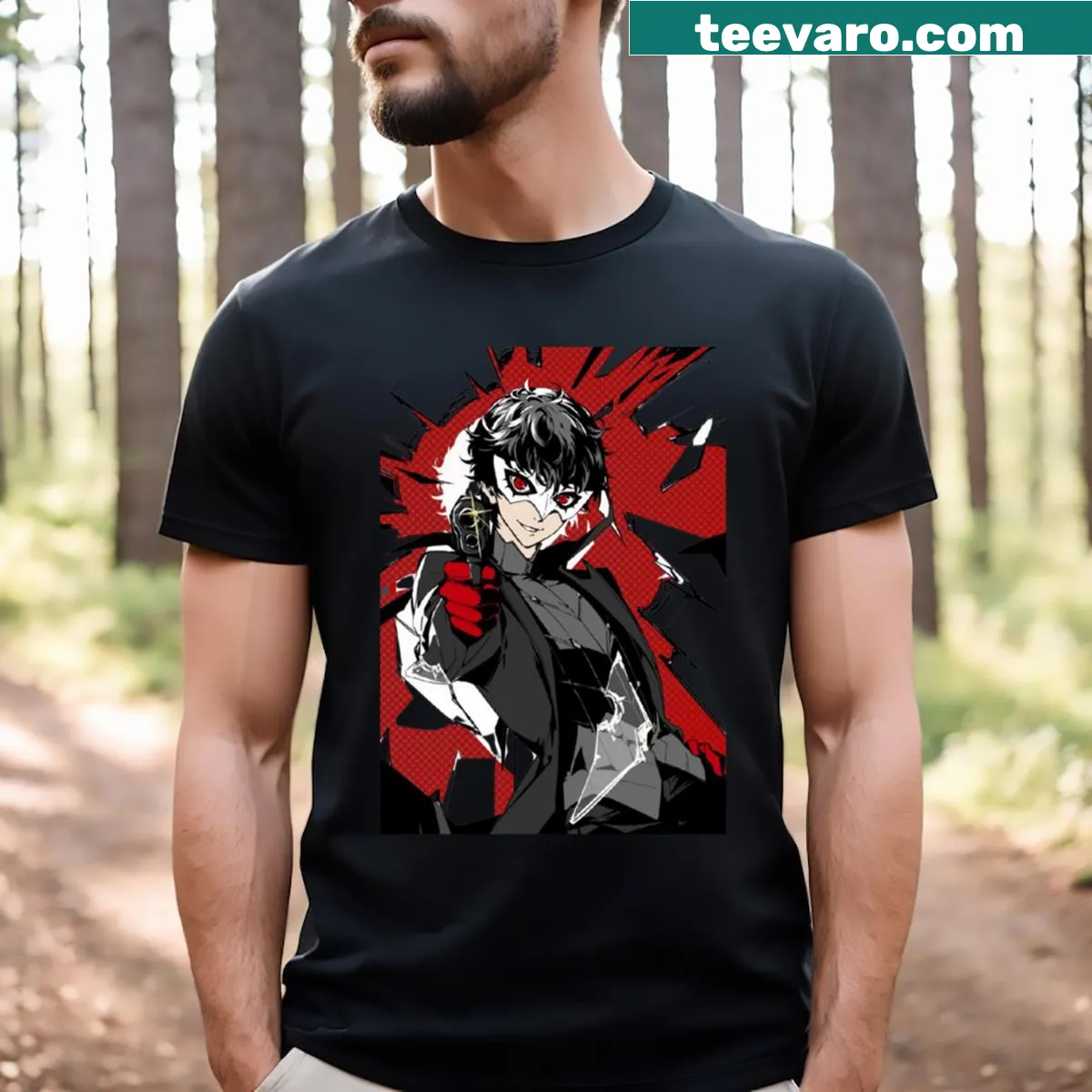 Bold Persona 5 Joker character graphic t-shirt — on a men's t-shirt