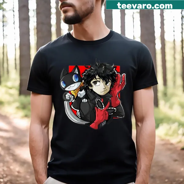 Graphic t-shirt featuring Persona 5's Joker and Morgana characters