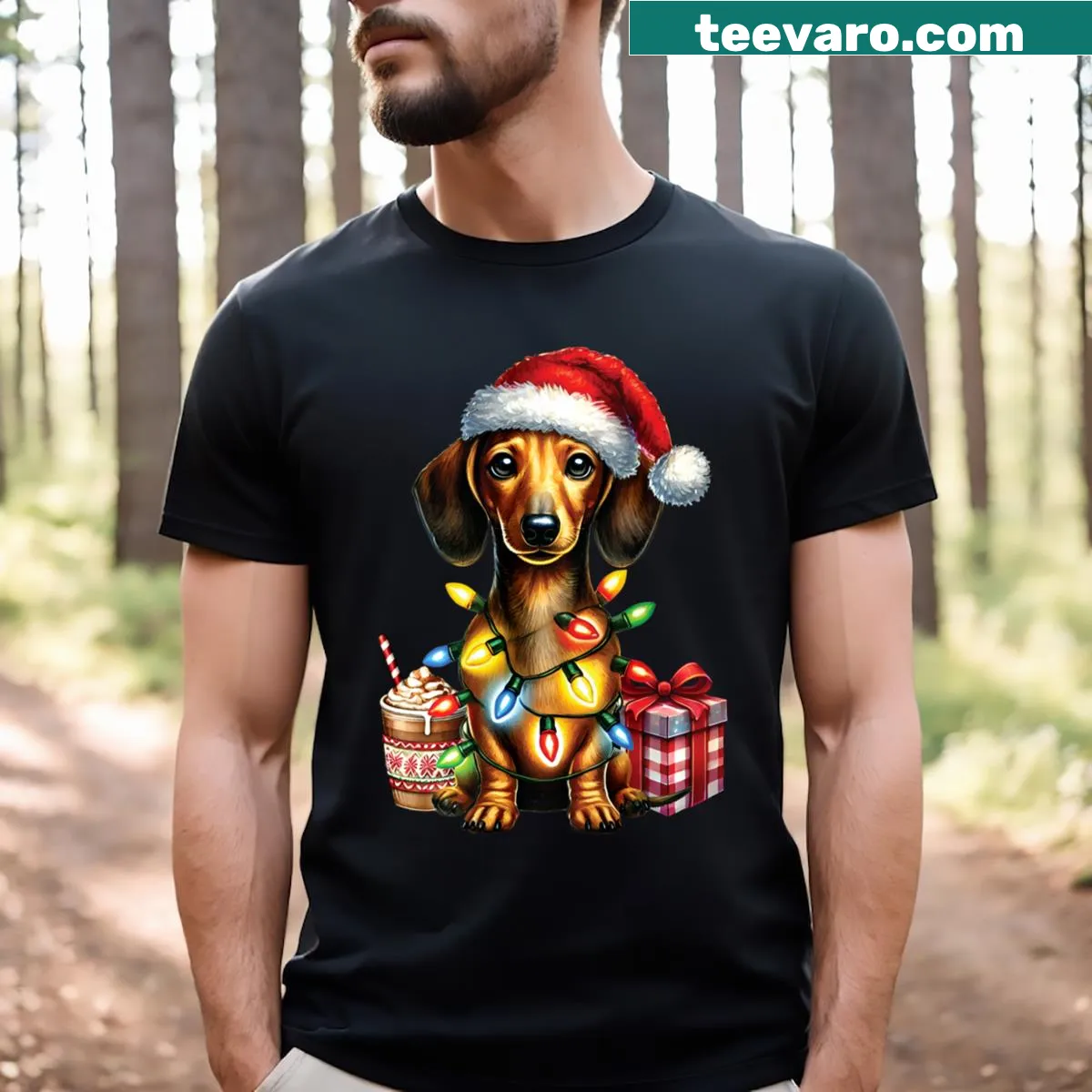 Dachshund in a Santa hat with Christmas lights illustration — on a men's t-shirt