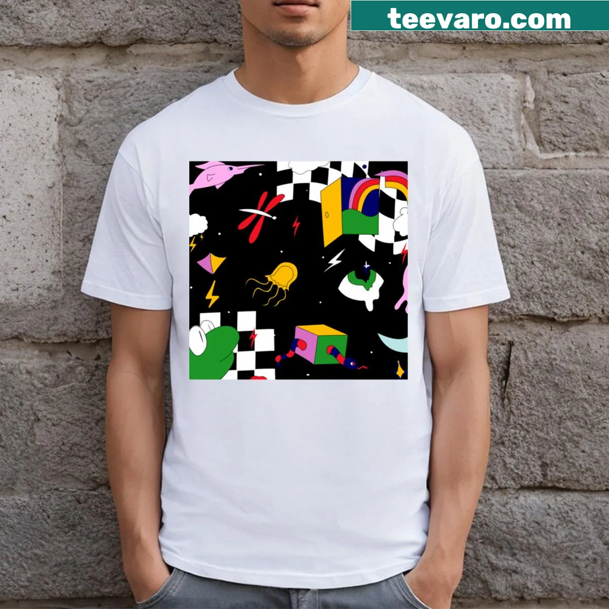 Psychedelic space eye design t-shirt — on a men's t-shirt
