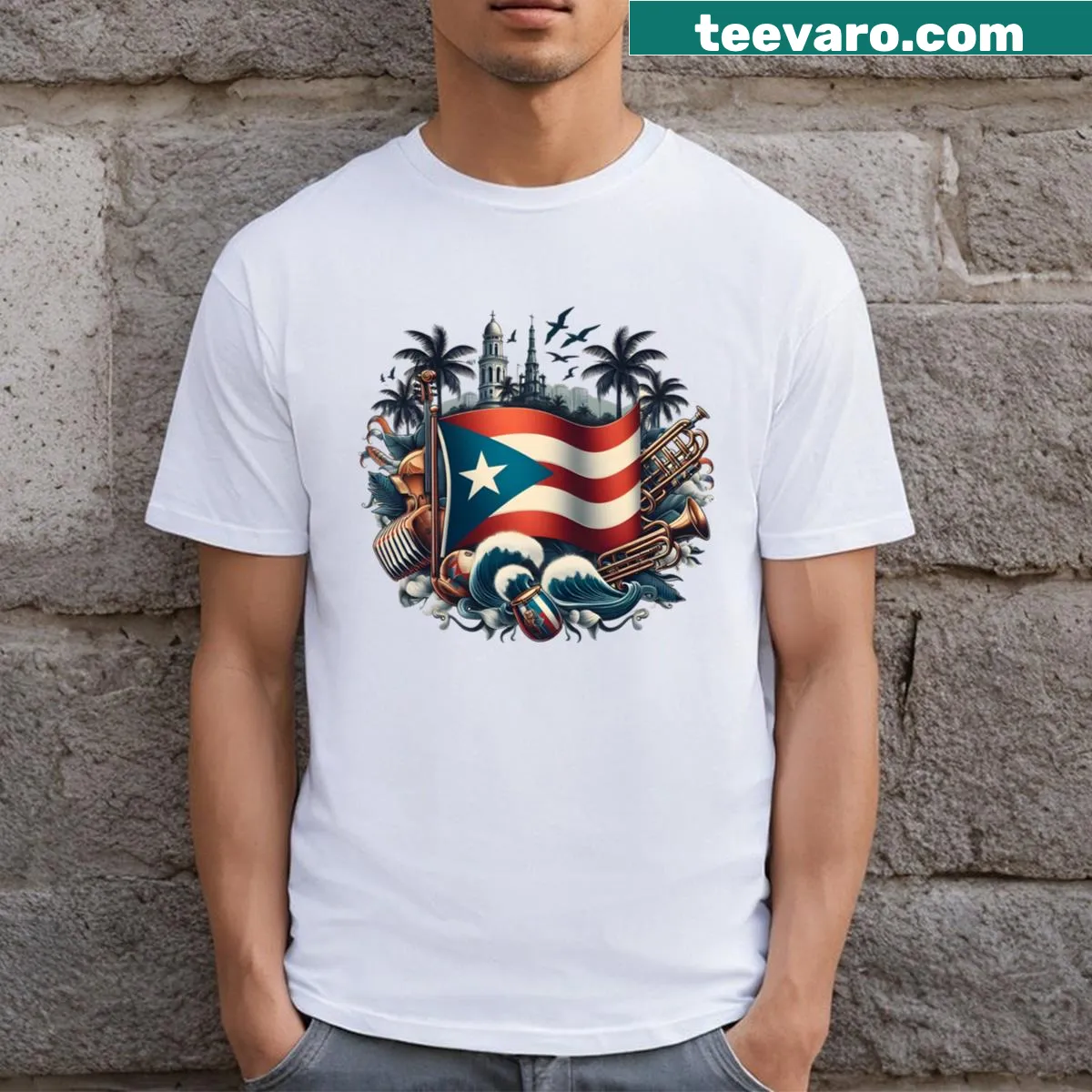 Puerto Rico T-shirt featuring cultural illustration — on a men's t-shirt