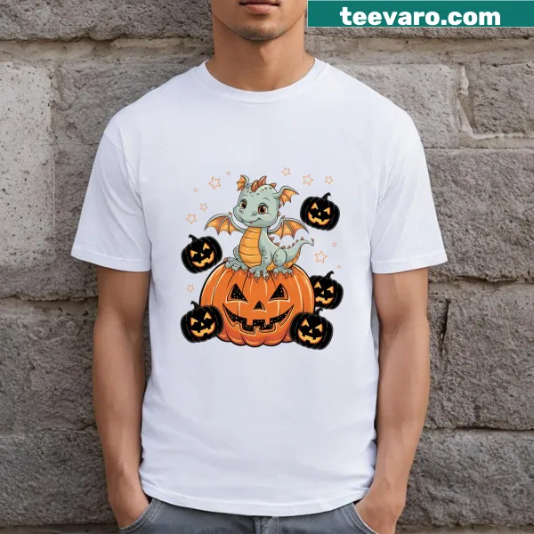 Whimsical pumpkin-shaped dragon cartoon T-shirt
