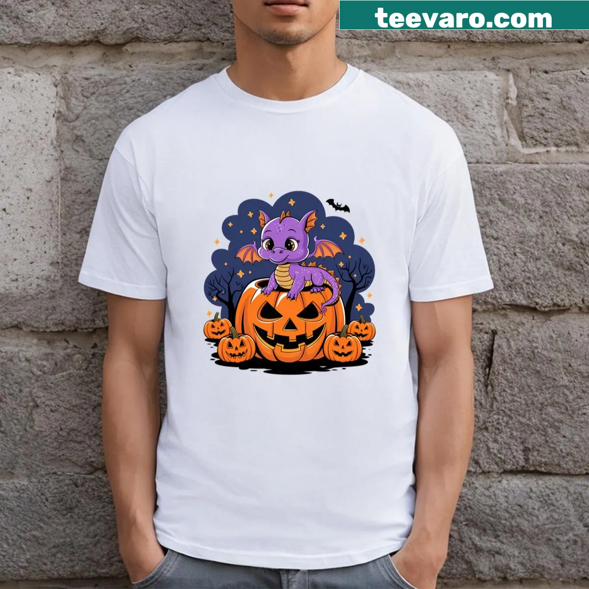 Cute pumpkin dragon T-shirt with whimsical design — on a men's t-shirt