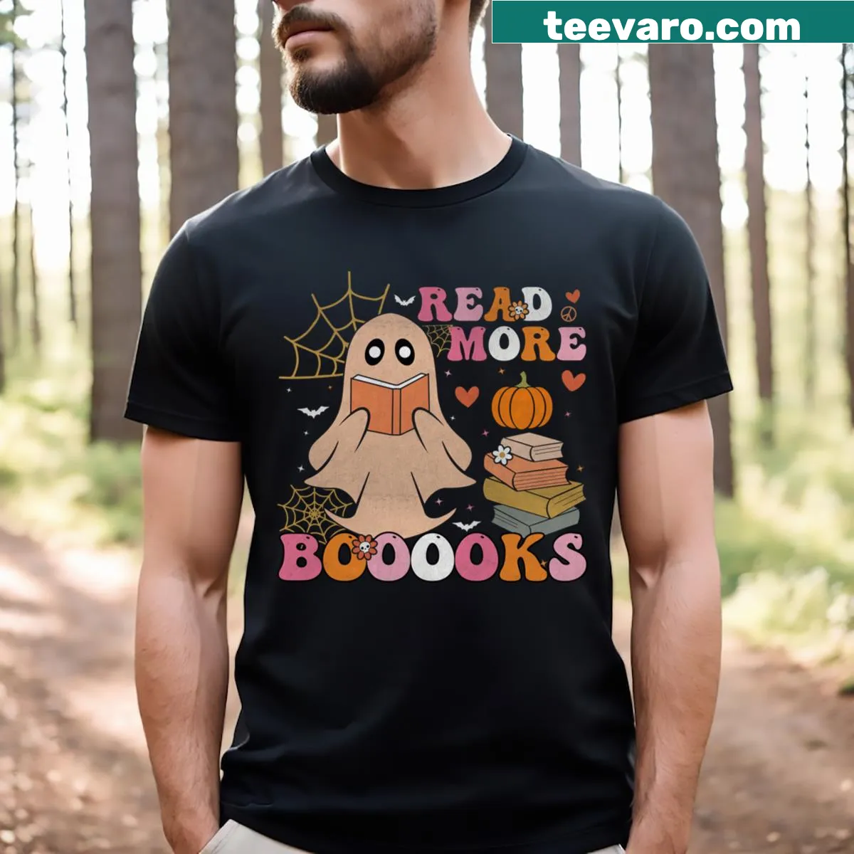 Funny ghost-themed t-shirt promoting reading with a playful slogan — on a men's t-shirt