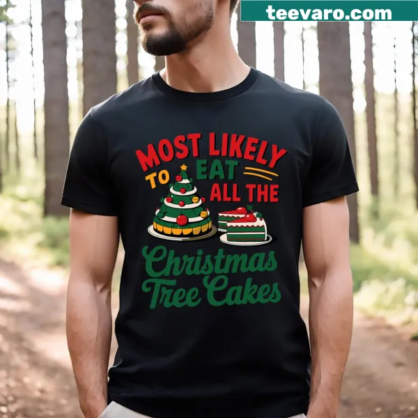 Funny design about eating Christmas tree cakes on a festive t-shirt