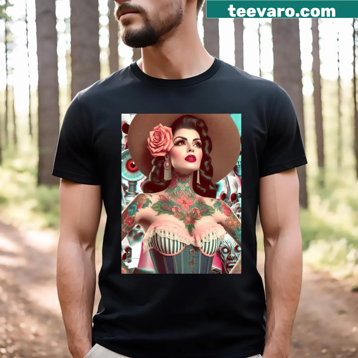 Retro tattooed pin-up girl graphic t-shirt for vintage lovers — on a men's t-shirt