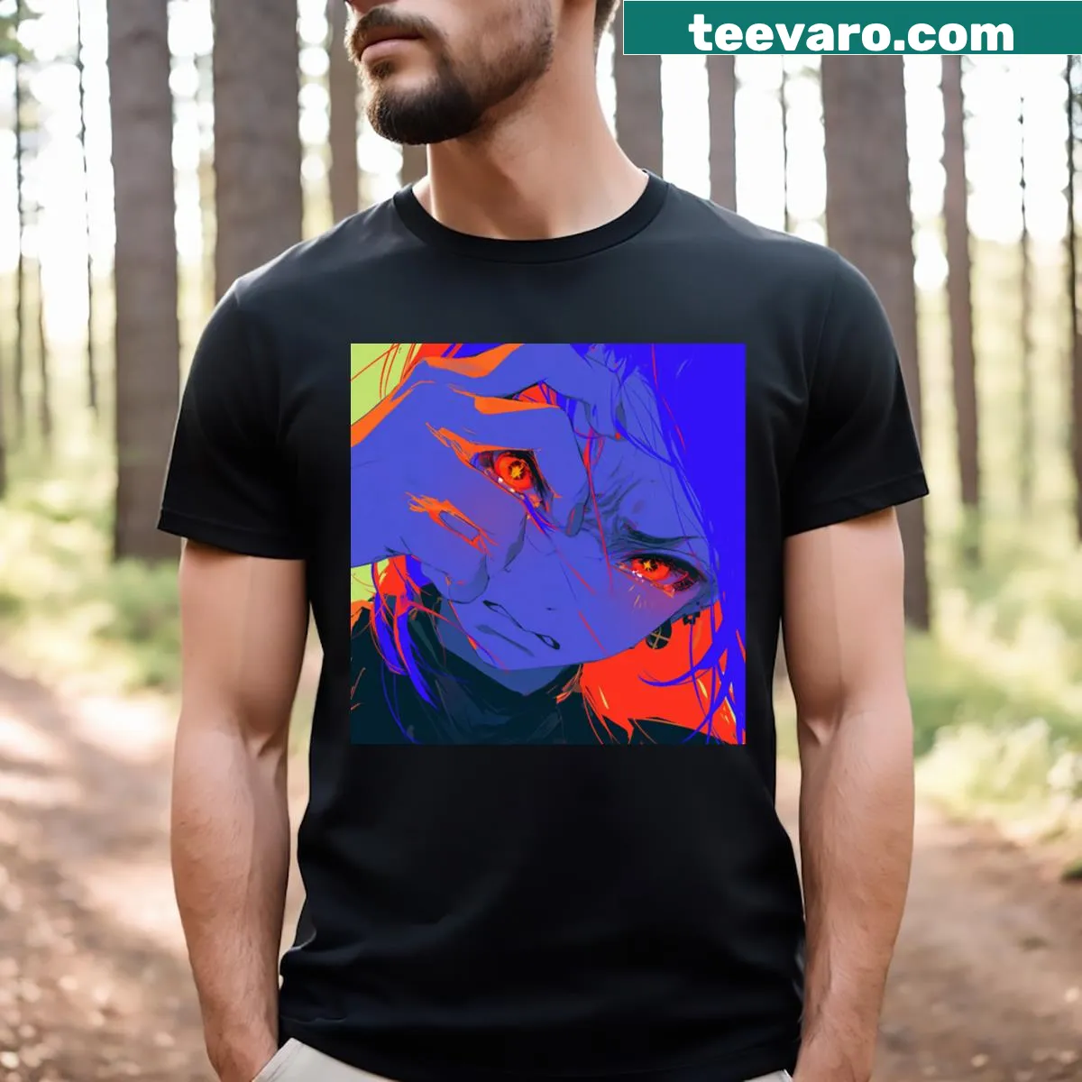 Anime-themed t-shirt with a poster design that says 'Seek Trouble' — on a men's t-shirt