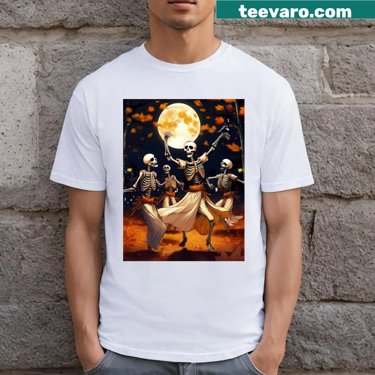Skeletons dancing on T-shirt for Halloween night celebration — on a men's t-shirt