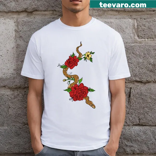 Illustration of a snake entwined with roses on a T-shirt