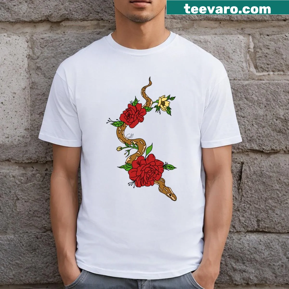 Illustration of a snake entwined with roses on a T-shirt — on a men's t-shirt