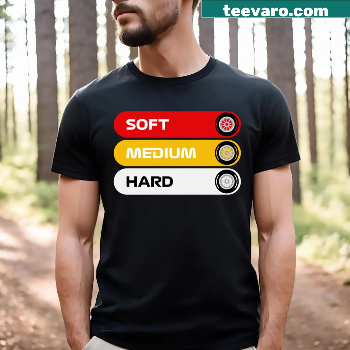Typographic F1 tires graphic t-shirt with racing terms — on a men's t-shirt