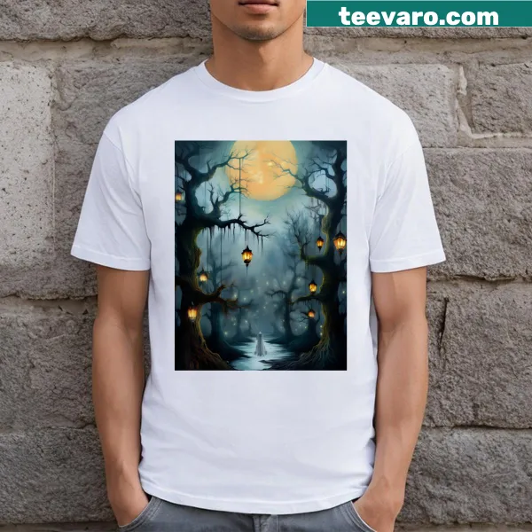 Haunted forest illustration with Halloween vibes on the T-shirt