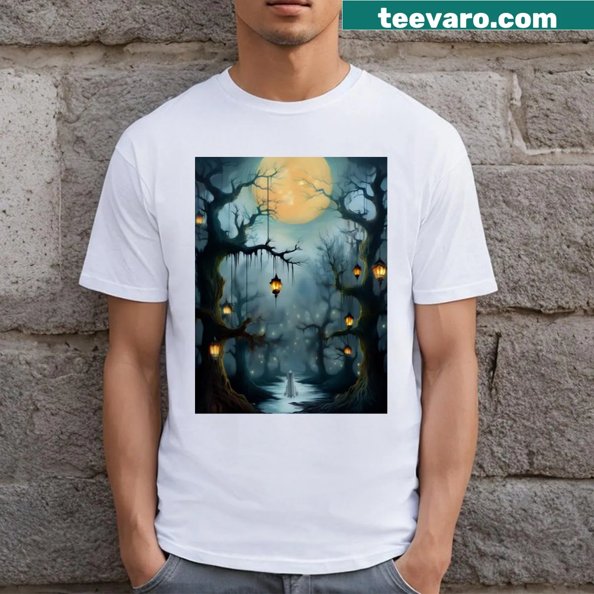 Haunted forest illustration with Halloween vibes on the T-shirt — on a men's t-shirt
