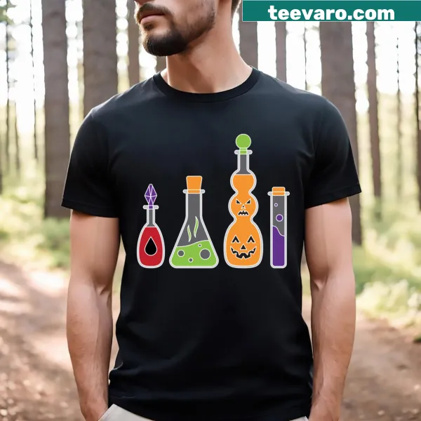 Whimsical T-shirt displaying various potion bottles