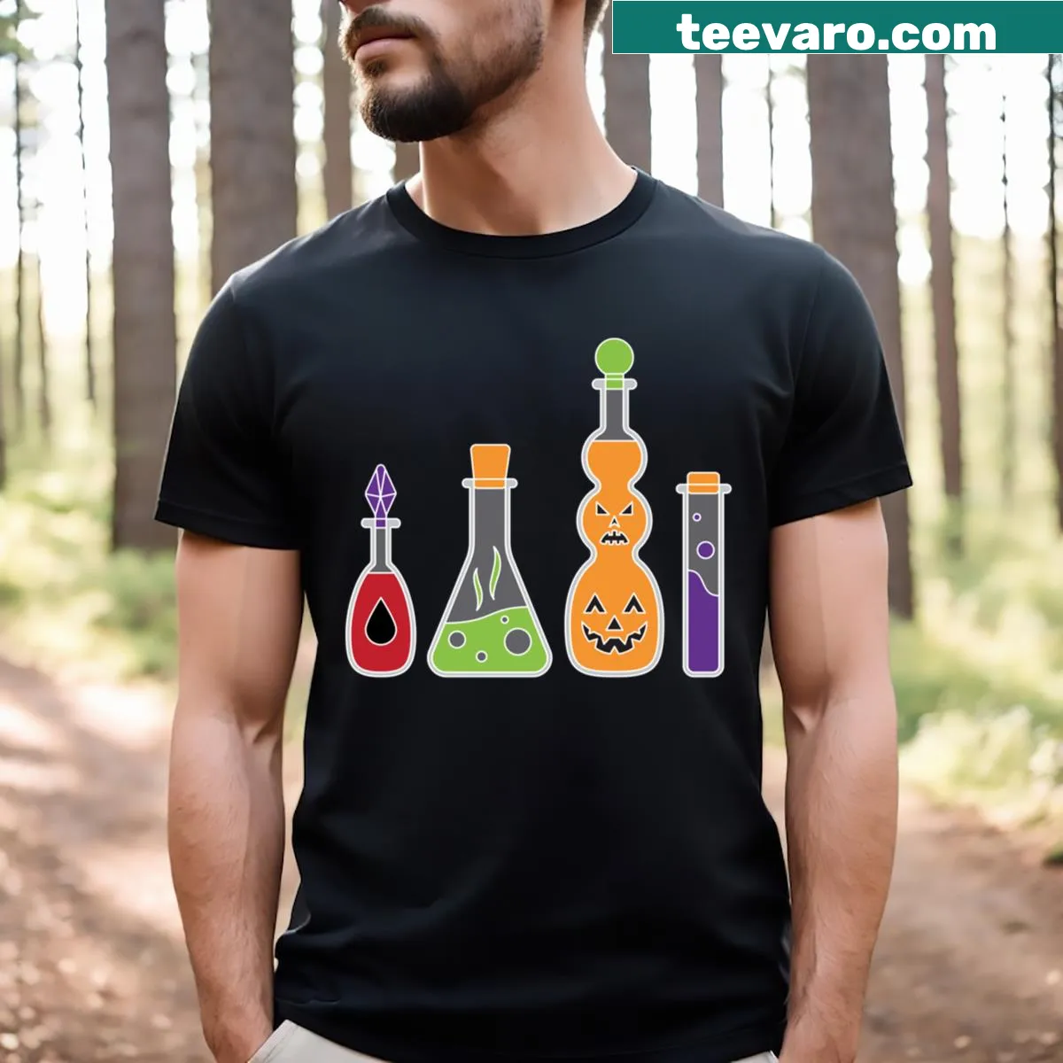 Whimsical T-shirt displaying various potion bottles — on a men's t-shirt