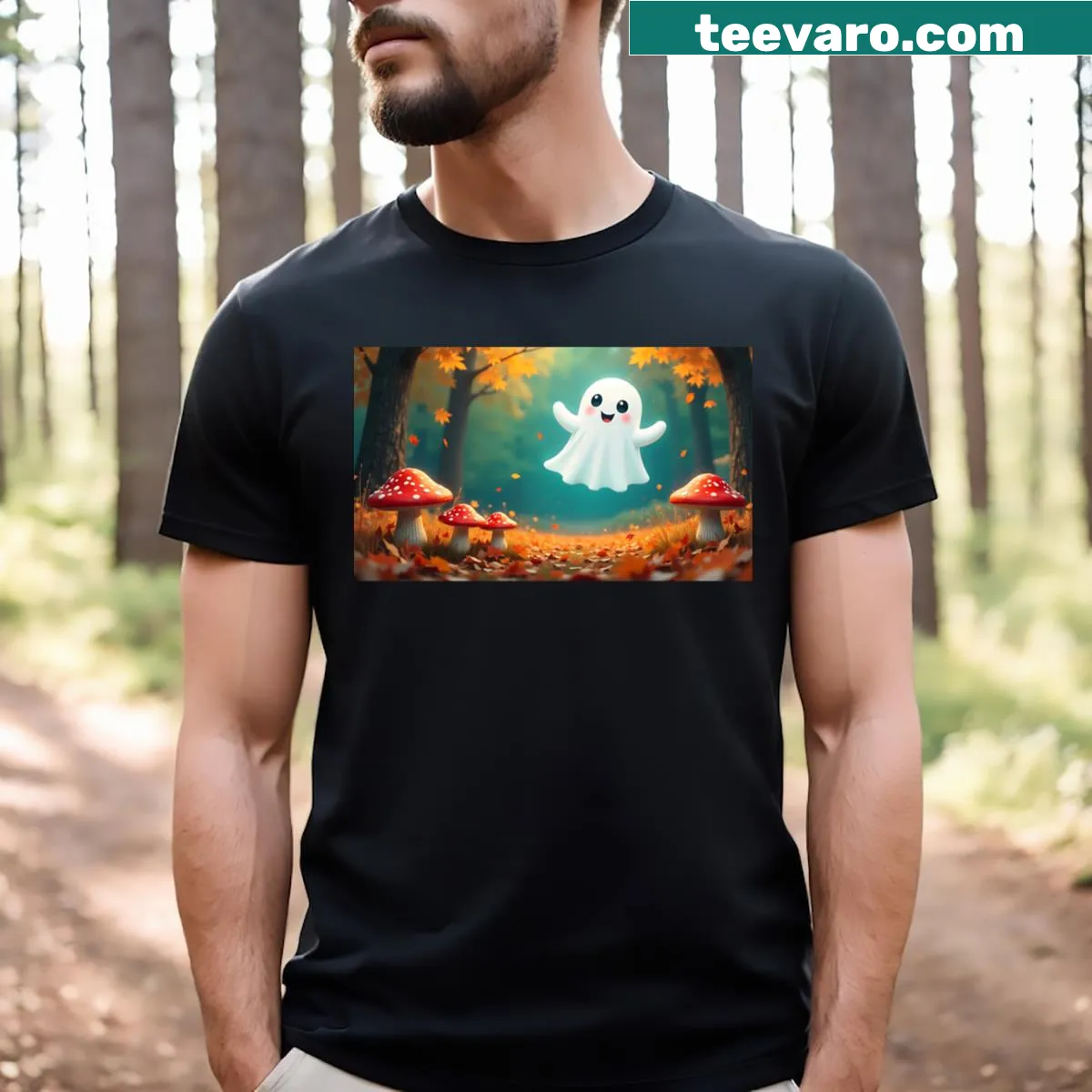 Playful T-shirt with ghost and pumpkin amid flowers — on a men's t-shirt
