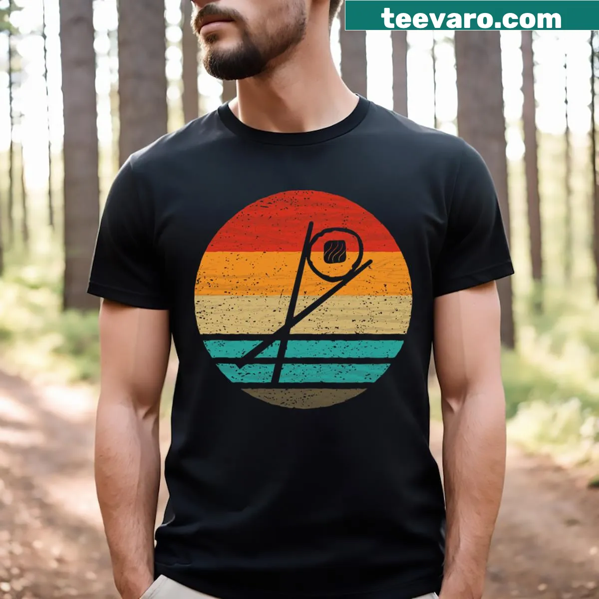 Retro style T-shirt with sushi and sake graphic — on a men's t-shirt