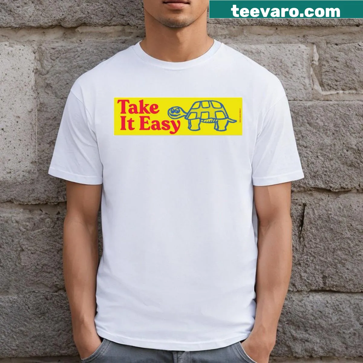Cute turtle illustration t-shirt promoting a laid-back attitude — on a men's t-shirt