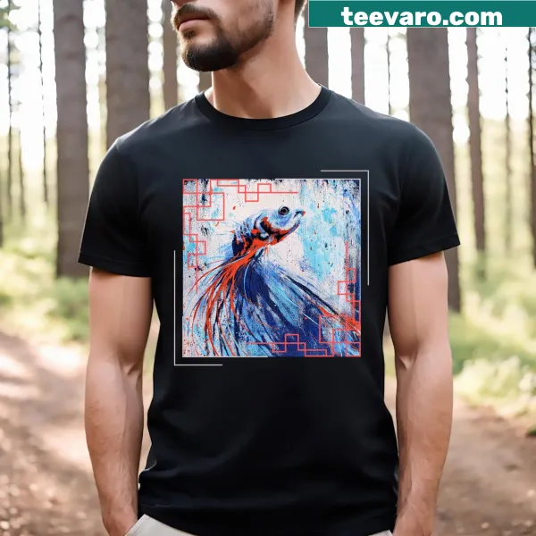 Abstract fish graphic t-shirt with fluid shapes and lines