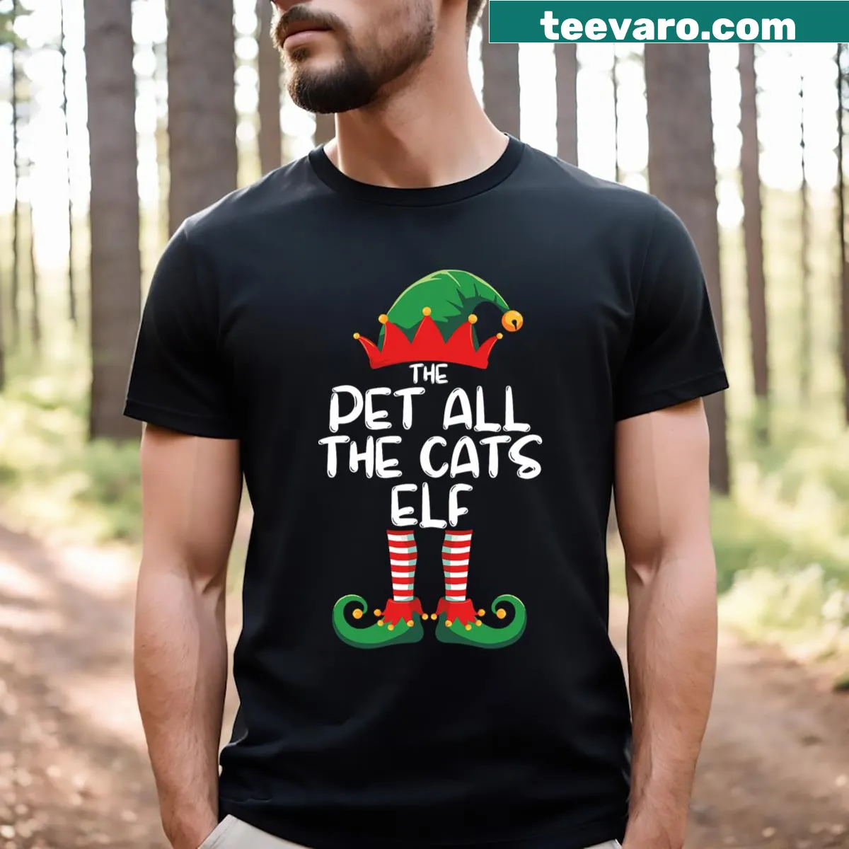 Elf with cats graphic T-shirt for Christmas — on a men's t-shirt