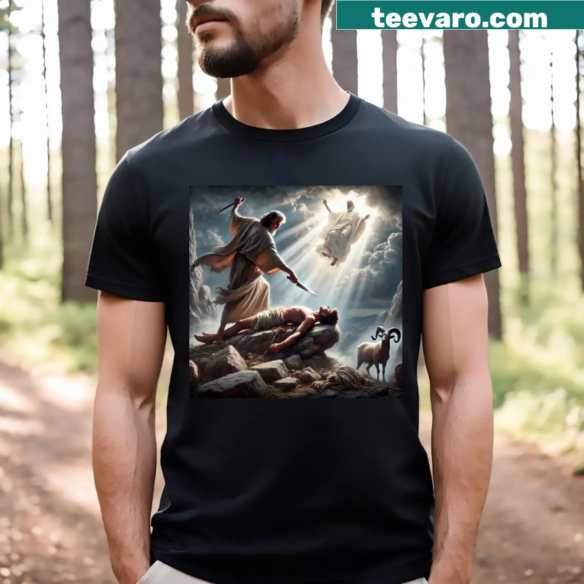 Biblical graphic T-shirt inspired by the Sacrifice of Isaac — on a men's t-shirt