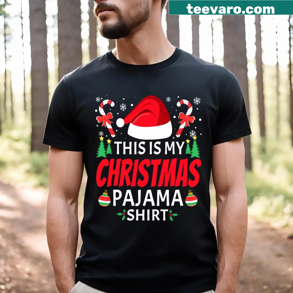 Vintage-style Christmas pajama t-shirt with festive text — on a men's t-shirt