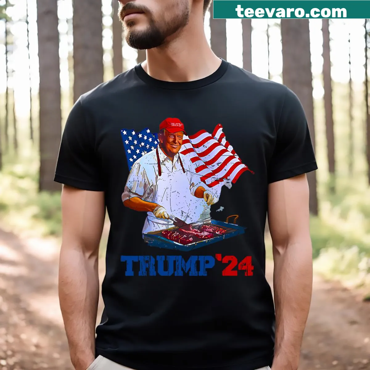 Humorous BBQ-themed T-shirt with Trump 2024 graphic — on a men's t-shirt