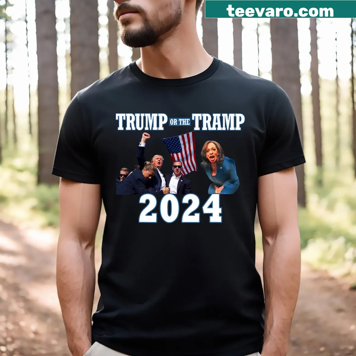 Humorous political shirt with 'Trump Or The Tramp' slogan — on a men's t-shirt