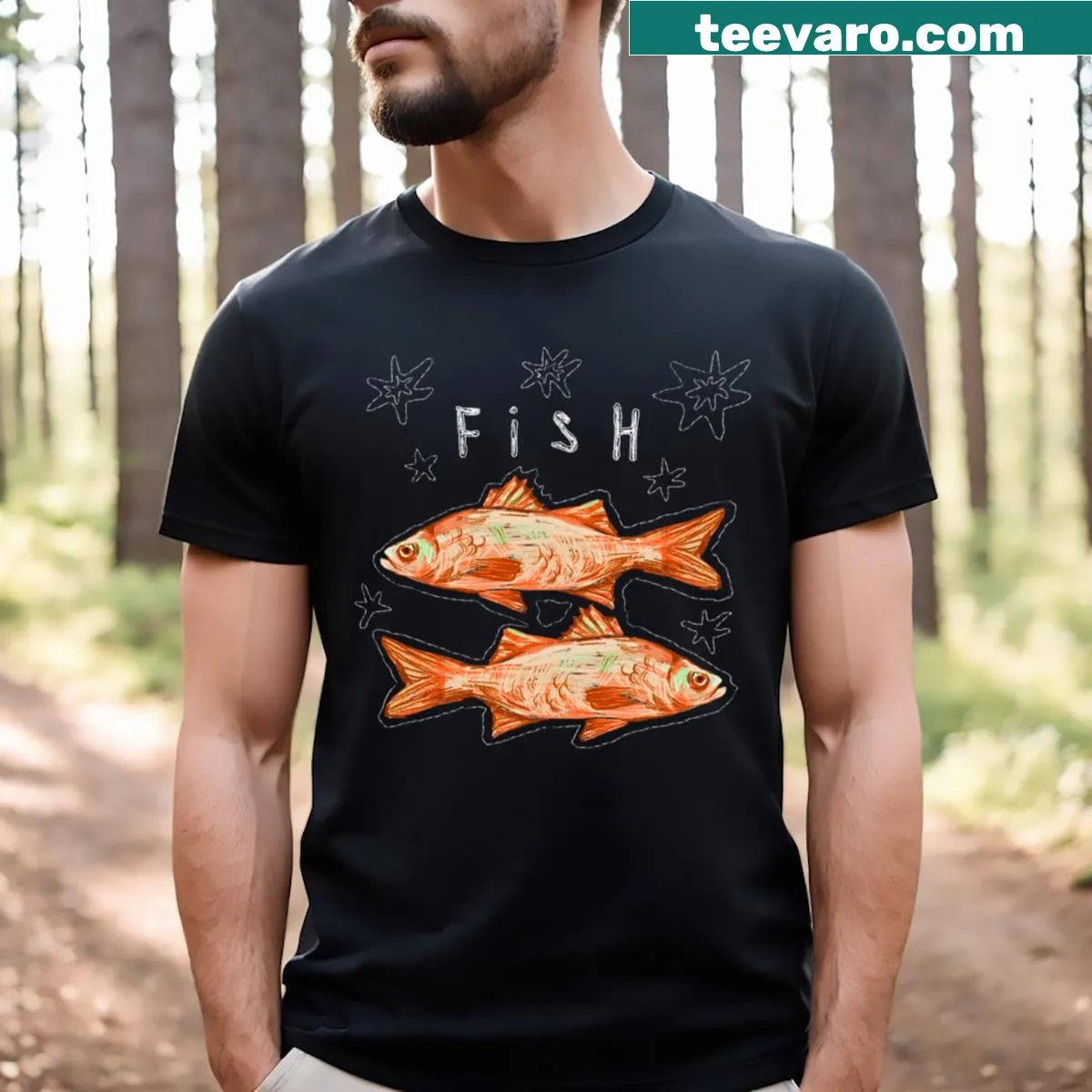 Two illustrated fish graphic on a casual T-shirt. — on a men's t-shirt