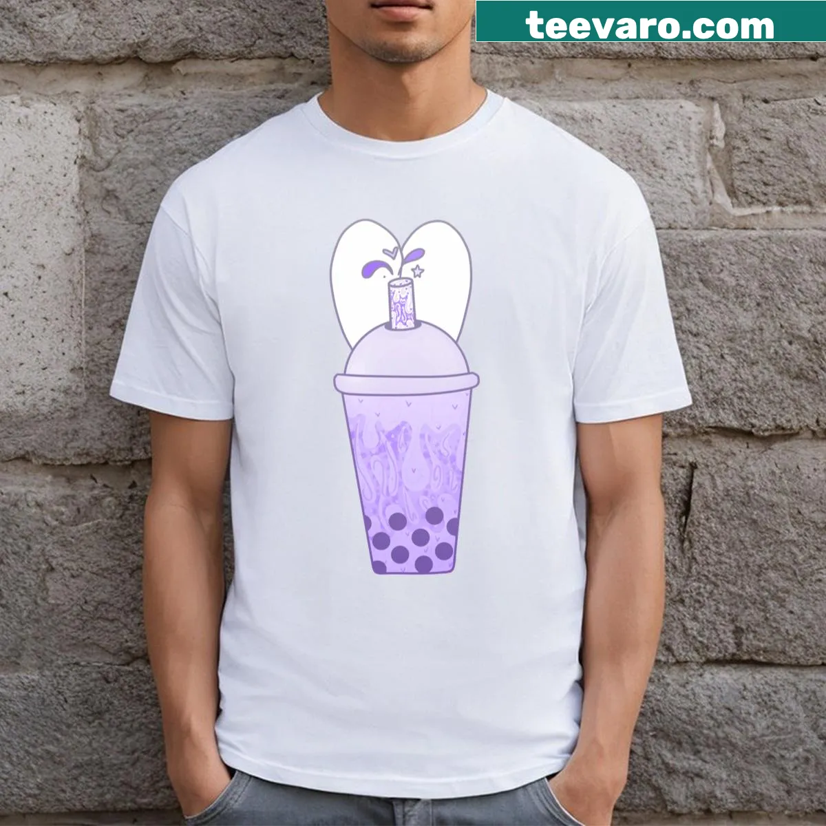 Cute bunny drinking ube milk tea on a T-shirt — on a men's t-shirt