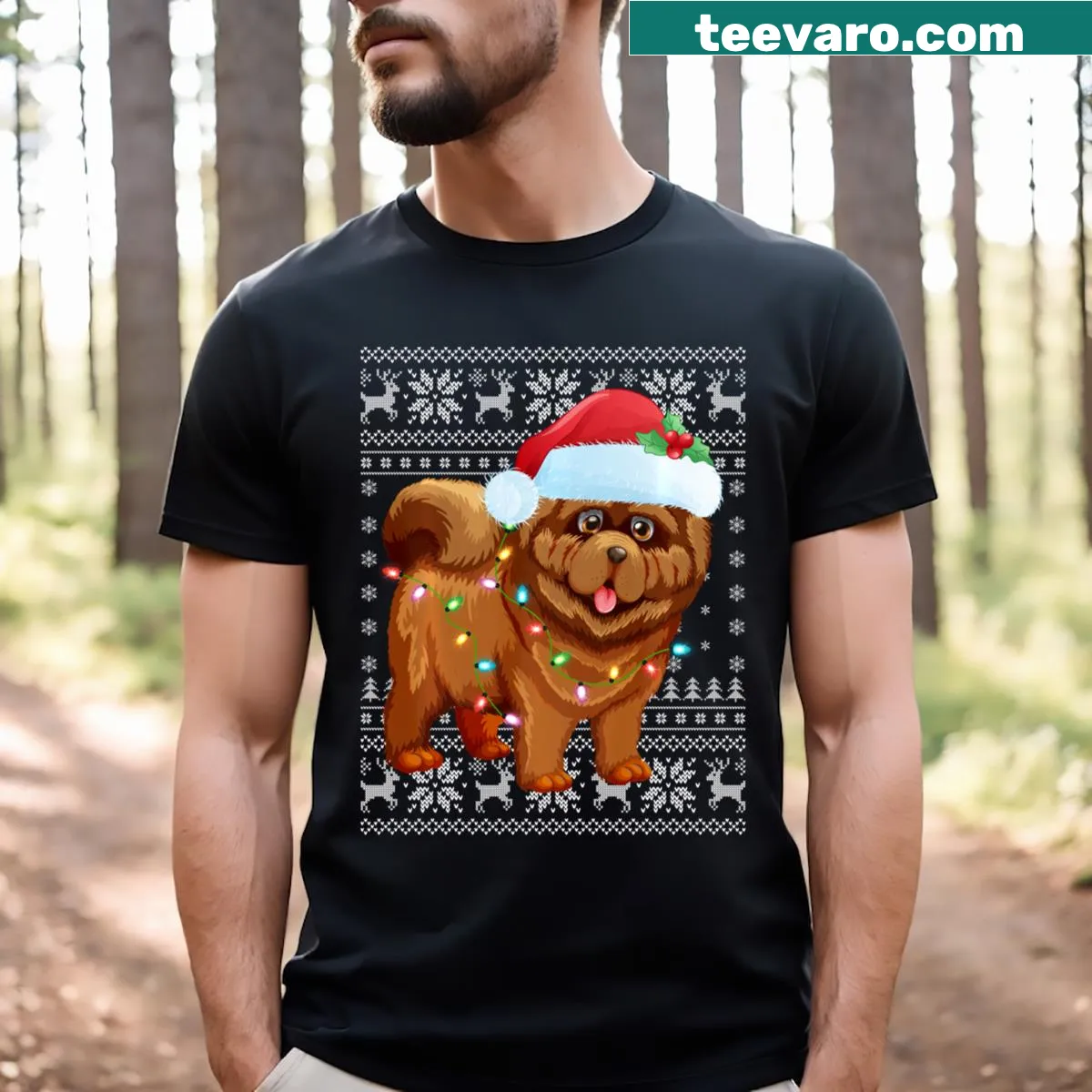 Chow Chow dog wearing a Santa hat with Christmas lights design — on a men's t-shirt