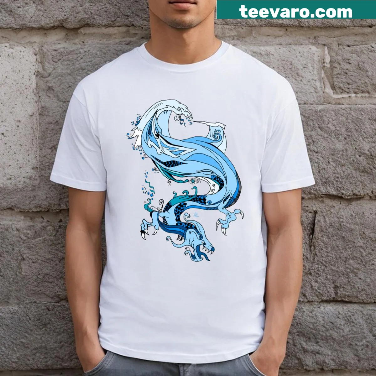 Illustration of a majestic water dragon on a t-shirt — on a men's t-shirt