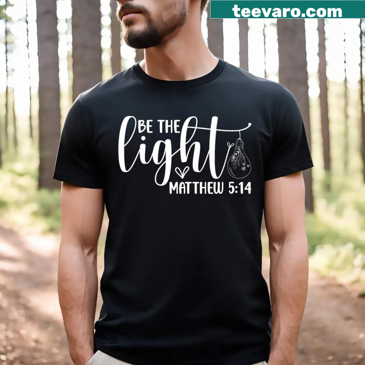 Christian V-neck T-shirt for women with Matthew 5:14 verse design. — on a men's t-shirt