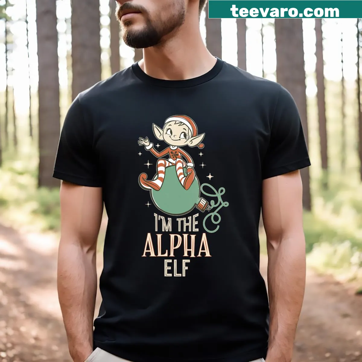 Alpha Elf graphic in vintage style with retro lettering — on a men's t-shirt