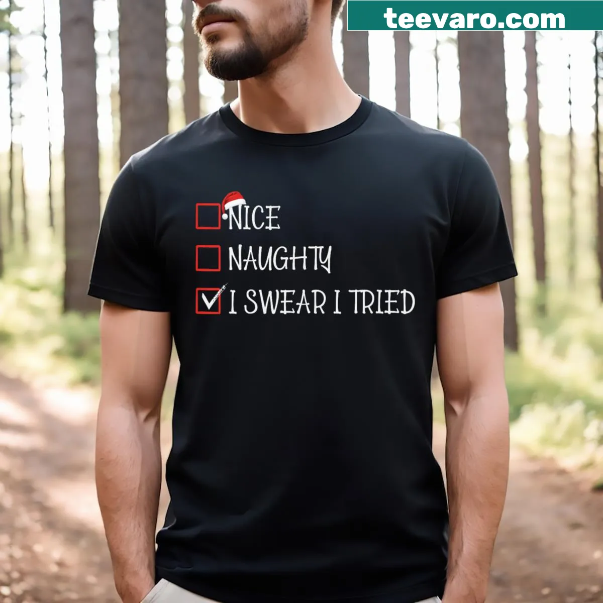 Funny holiday t-shirt with Nice Naughty list and text — on a men's t-shirt