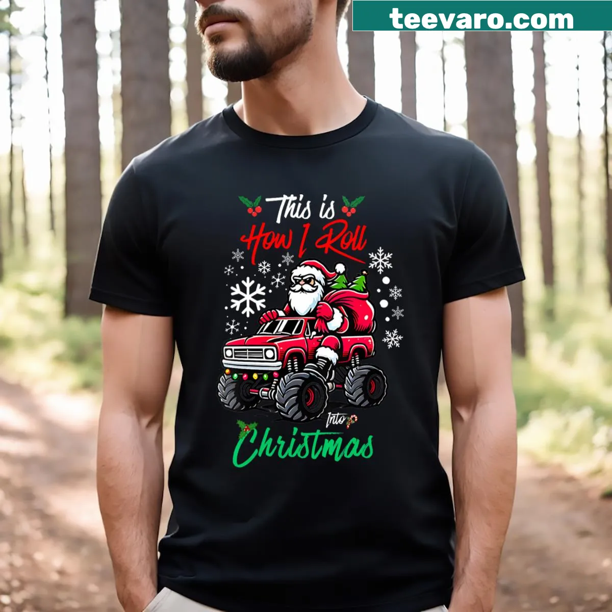 Santa in a monster truck on a festive t-shirt — on a men's t-shirt