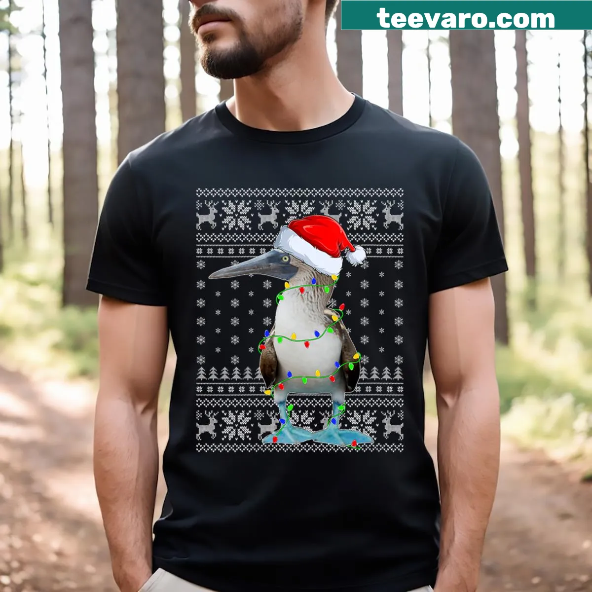 Ugly sweater style bird t-shirt with Santa hat and lights — on a men's t-shirt