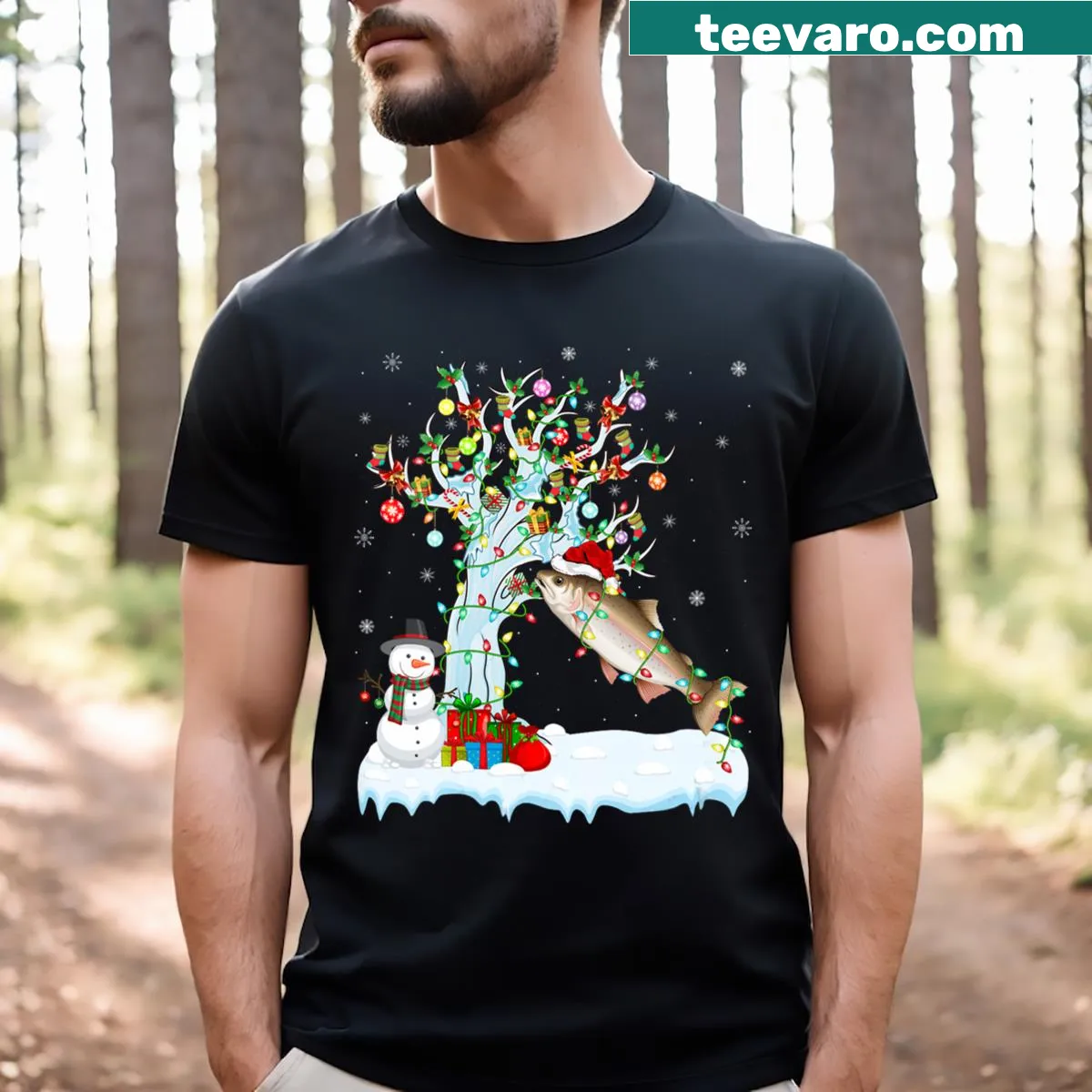 Fish with Santa hat and Christmas tree illustration on t-shirt — on a men's t-shirt