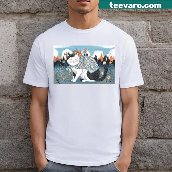 Whimsical t-shirt featuring a cat in a magical wonderland setting