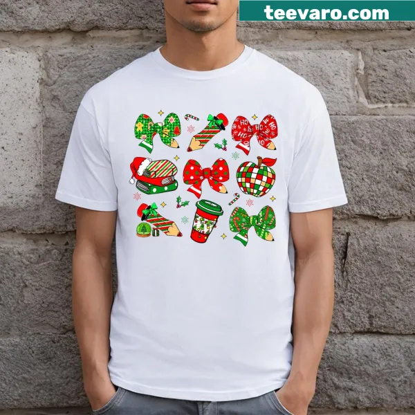 Playful teacher t-shirt with festive pencils, books, and coffee design