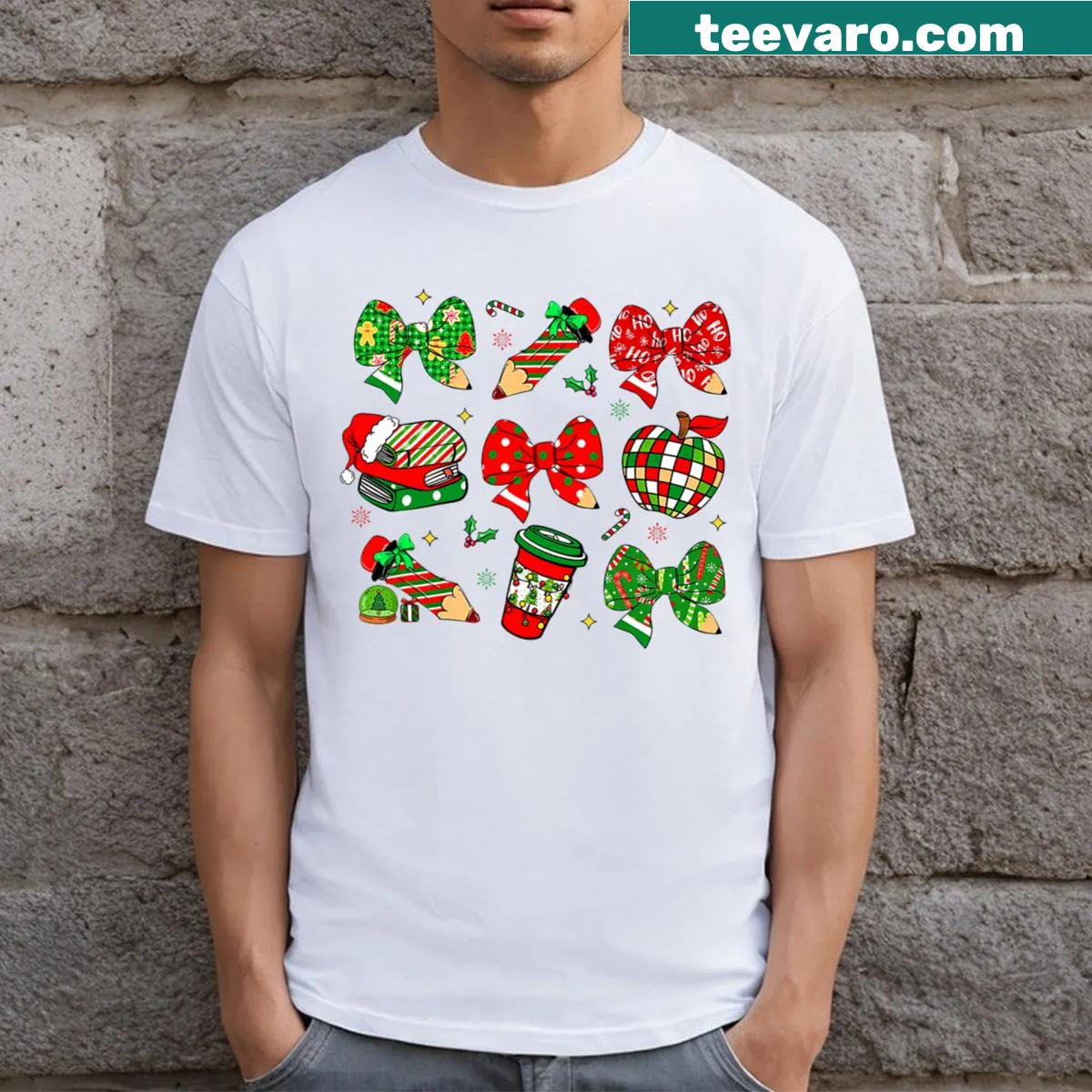 Playful teacher t-shirt with festive pencils, books, and coffee design — on a men's t-shirt
