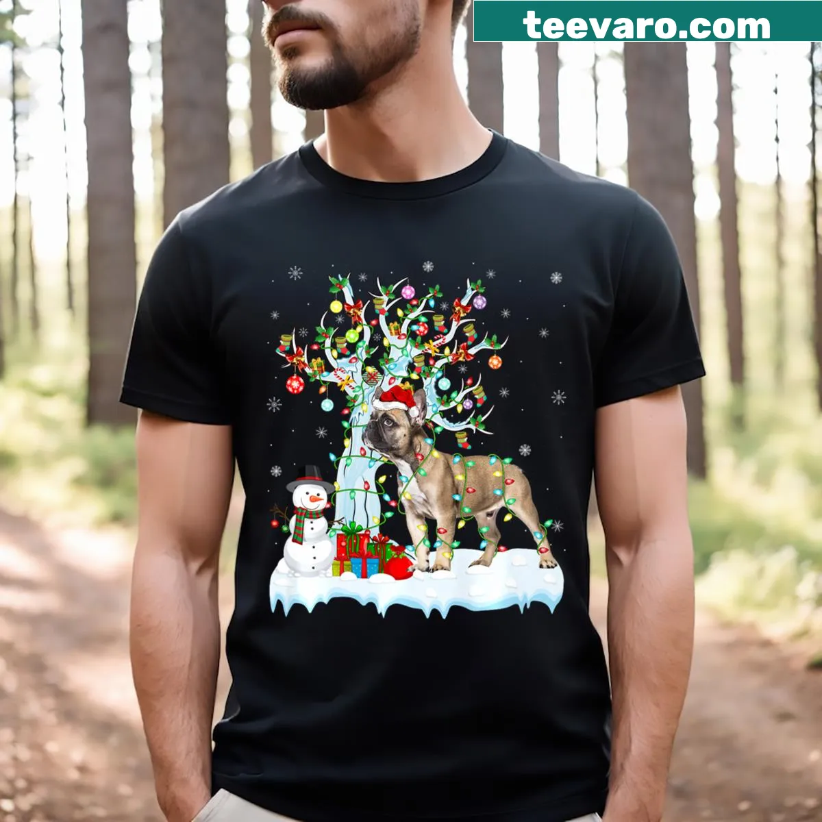 French Bulldog wearing a Santa hat under Christmas tree lights — on a men's t-shirt
